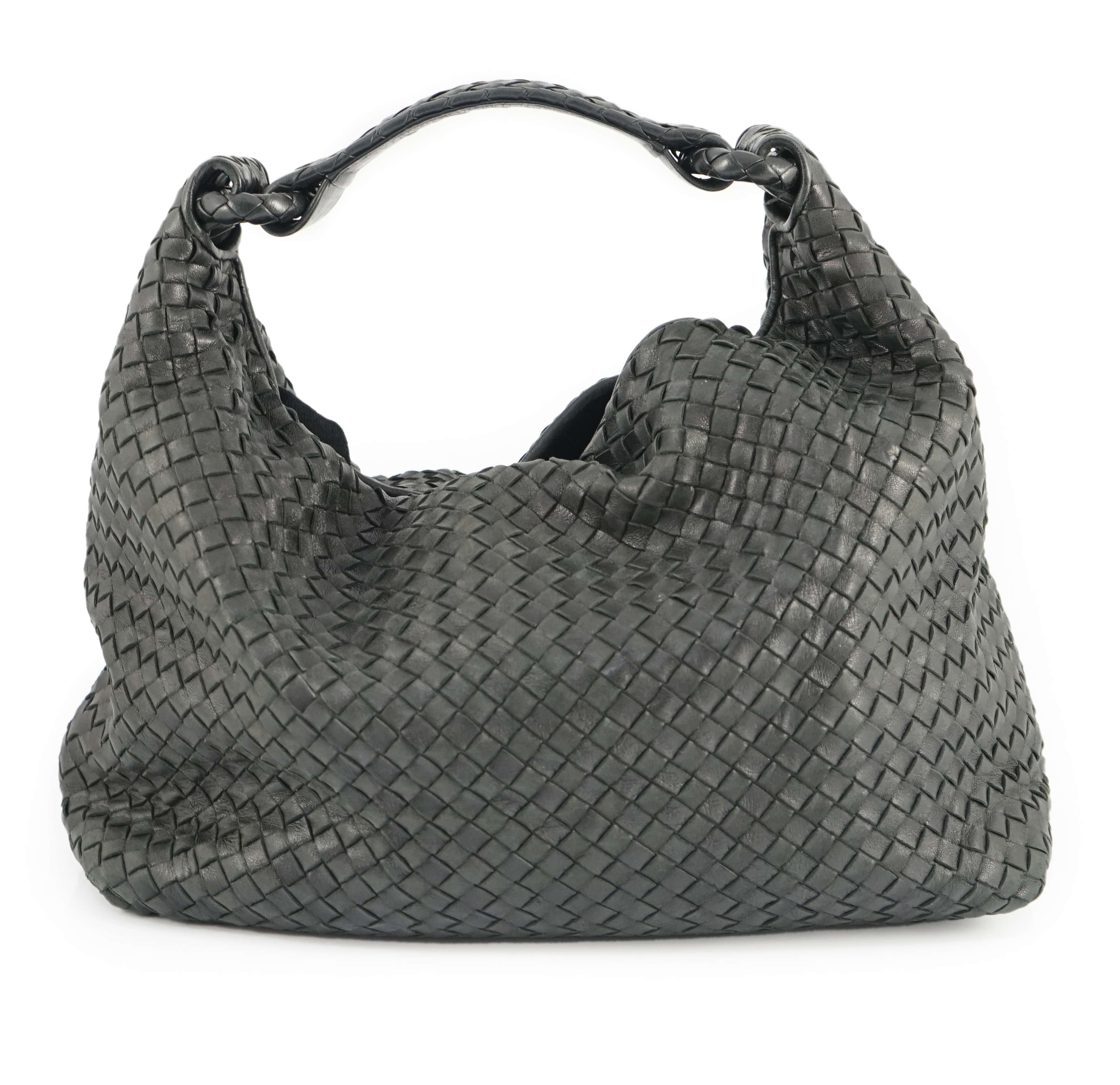 A Bottega Veneta intrecciato-weave medium black leather hobo bag, width 35cm, depth 15cm, height approx. 26cm